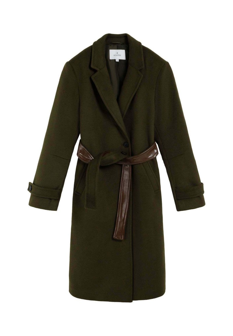 Abrigo de mezcla de lana verde oliva con cuello de solapa, cierre de un solo botón y un cinturón marrón brillante en la cintura. Cuenta con puños que se pueden enrollar.