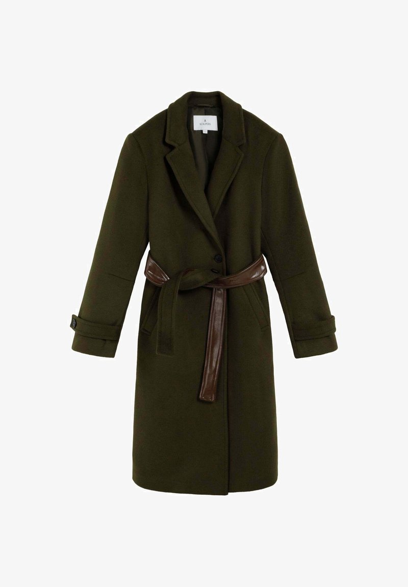 Abrigo de mezcla de lana verde oliva con cuello de solapa, cierre de un solo botón y un cinturón marrón brillante en la cintura. Cuenta con puños que se pueden enrollar.