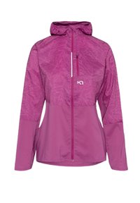 Lichtgewicht, gevoerde jas in levendig roze met een bladdessin op de schouders, volledige rits aan de voorkant en reflecterende details.