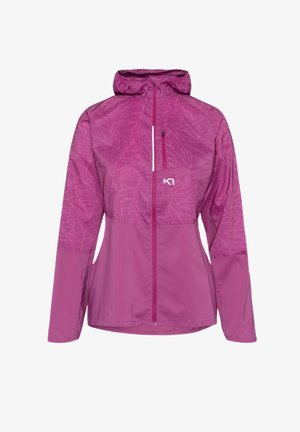 Lightweight, hooded jacket in vibrant pink with leaf-patterned texture on shoulders, full-front zipper, and reflective detailing.