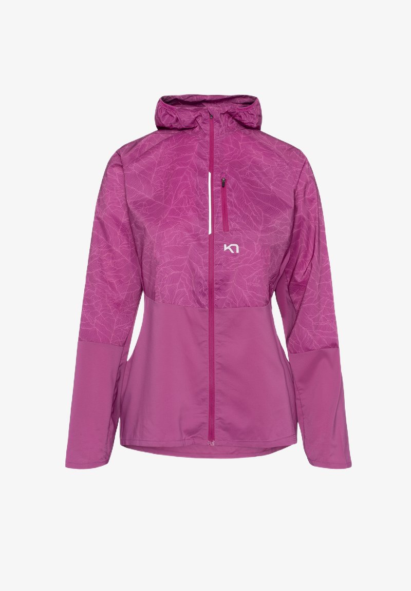 Leichte, hüftlange Jacke mit Kapuze in lebhaftem Pink und einem blattmusterartigen Textur auf den Schultern, durchgehendem Reißverschluss und reflektierenden Details.