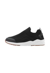 Schwarzer Slip-On Sneaker mit einem gestrickten Obermaterial, wei�ßer Laufsohle und einer Gummikappe. Verfügt über ein strukturiertes Design und eine Zuglasche an der Rückseite.
