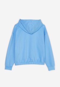 Felpa azzurra con cappuccio, caratterizzata da un design corto, polsini a coste e vita arricciata. Texture liscia senza motivi.