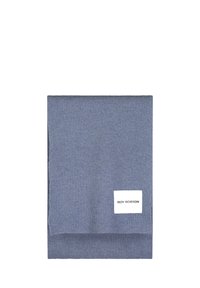 Sciarpa lavorata a maglia in blu tenue, conTexture a coste. Etichetta bianca con il marchio "ROY ROBSON" in evidenza in basso a destra. Forma rettangolare.
