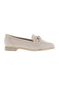 Mocassins en suede beige avec un talon plat, dotés d'un détail de nœud décoratif et d'une bordure dorée le long de la semelle. Design classique pour une tenue décontractée.