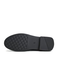 Black shoe sole with a textured, quilted pattern and rubber accents at the heel and toe; flat and wide design for stability.