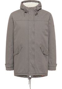 Veste à capuche grise avec une doublure en polaire, dotée de deux poches avant, d'un cordon de serrage à l'ourlet et de poignets ajustables. Tissu lisse, design décontracté.