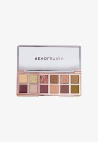 Palette di ombretti con 12 tonalità in una combinazione di finiture opache e shimmer. I colori includono oro, malva, verde oliva e tonalità terrose. Coperchio trasparente.