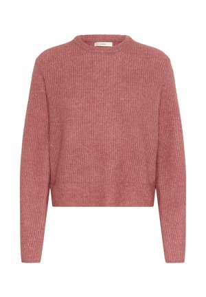 Kötött pulóver porrózsaszín színben, bordás textúrával, kerek nyakkivágással és hosszú ujjal, rövidített fazonnal. Puha anyag és laza kialakítás.