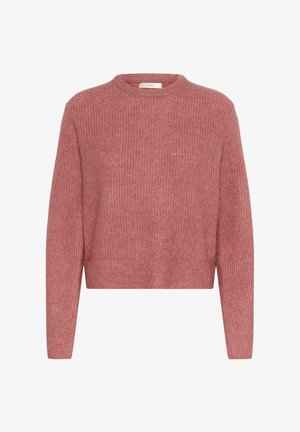 Kötött pulóver porrózsaszín színben, bordás textúrával, kerek nyakkivágással és hosszú ujjal, rövidített fazonnal. Puha anyag és laza kialakítás.