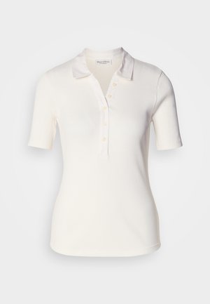 White ribbed polo shirt with short sleeves, two-button placket, and soft texture. Fabric has a slight sheen and structured collar.
