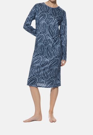 Langärmliges Kleid in Marineblau mit Paisleymuster, aus weichem Stoff gefertigt, mit Rundhalsausschnitt und knielangem Design.