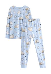 Lyseblåt pyjamas sæt lavet af blødt stof. Indeholder en langærmet overdel og bukser med mønster af tegneseriefigurer, skyer, stjerner og soler.