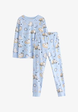 Pigiama azzurro chiaro realizzato in tessuto morbido. Caratterizzato da un top a maniche lunghe e pantaloni con un motivo di personaggi dei cartoni animati, nuvole, stelle e soli.