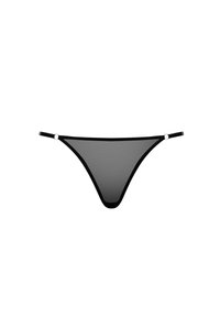 Schwarzer Netz-Thong mit dünnen Trägern, der an jeder Seite runde Hardware-Details aufweist. Leicht und durchsichtig im Design mit einer minimalistischen Form.