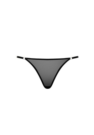Black mesh thong with thin straps, featuring circular hardware accents at each side. Lightweight and sheer design with a minimalist shape.