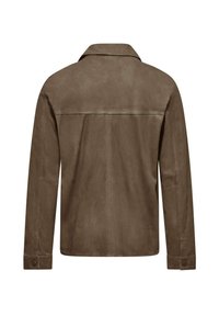 Giacca in suede marrone con colletto, maniche lunghe e taglio dritto. Caratterizzata da una texture liscia e dettagli delle cuciture. Senza hardware visibile.