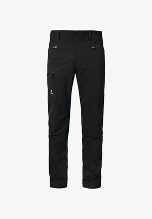 Schwarze Outdoor-Hosen aus strapazierfähigem Material, ausgestattet mit zwei seitlichen Reißverschlusstaschen, einem vorderen Knopf und einem Logo auf dem linken Oberschenkel.