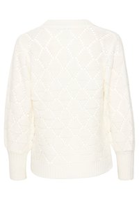 Weißer Strickpullover mit Diamantmuster und Lochmuster. Hat gerippte Bündchen und Saum sowie einen moderaten Rundhalsausschnitt.