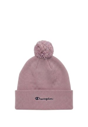 Berretto rosa lavorato a maglia con pon pon sulla parte superiore e risvolto con piccolo logo Champion ricamato in nero.