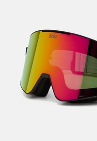 Skibriller med en sort ramme, store spejllinser der skifter fra grøn til pink, og blød polstring indvendigt for komfort.