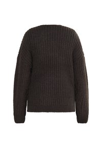 Ciemnobrązowy sweter dzianinowy o luźnym kroju, z prążkowaną teksturą i szerokimi rękawami, widoczny od tyłu.