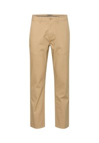 Beige cotton chinos with straight-leg design, belt loops, front button closure, and two side pockets. Smooth texture with minimal wrinkles.