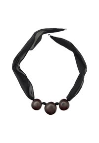 Collana in tessuto nero trasparente con tre perle sferiche scure e lucide, legate in modo intricato con un nodo centrale per una maggiore texture.