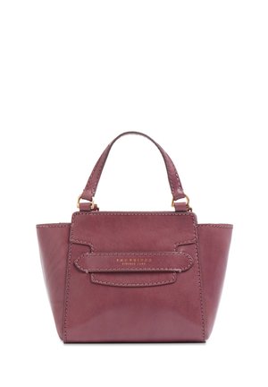Piccola borsa strutturata in pelle bordeaux con manico superiore e discreta scritta dorata del marchio sul davanti.