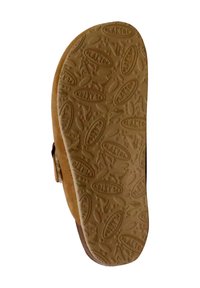 Tan leren sandaalzool met textuurrubber, voorzien van een patronenontwerp van ovalen en bladeren. Levendig merklogo zichtbaar.