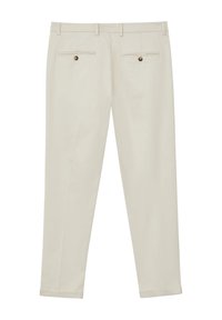 Beige Hosen aus Baumwolle, mit geradem Schnitt, zwei Gesäßtaschen mit dekorativen Knöpfen und maßgeschneiderten Nahtdetails an der Vorderseite.