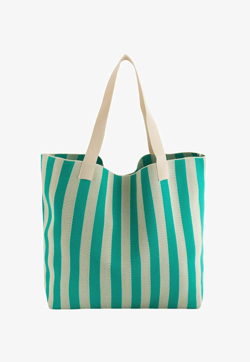 Amplia bolsa de tote hecha de material de malla, con franjas alternadas en turquesa y crema, y dos resistentes asas de tela.
