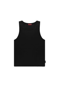 Sort tank top lavet af et glat stof, med rund hals og brede ærmeudskæringer. Den har et mærketik på siden.
