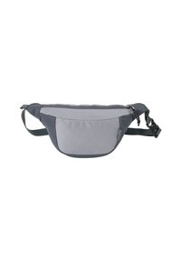 Gray and dark gray fanny pack made of textured fabric, featuring a zippered main compartment and adjustable strap for secure wear.