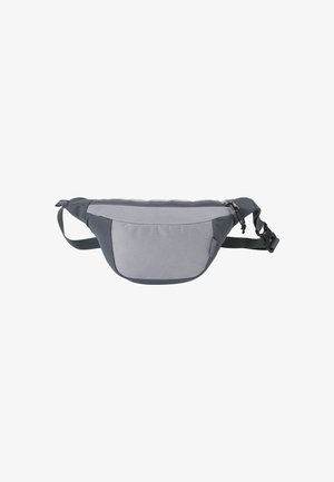Grau und dunkelgrau Bauchtasche aus strukturiertem Stoff, mit einem Hauptfach mit Reißverschluss und verstellbarem Tragegurt für sicheren Sitz.