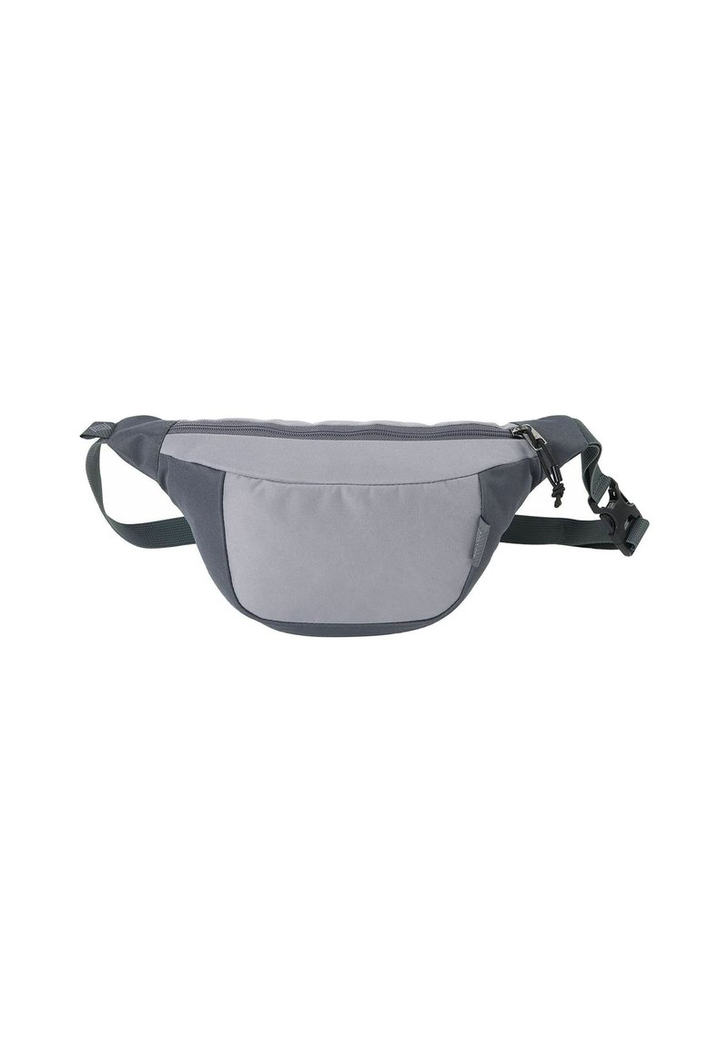 Gray and dark gray fanny pack made of textured fabric, featuring a zippered main compartment and adjustable strap for secure wear.