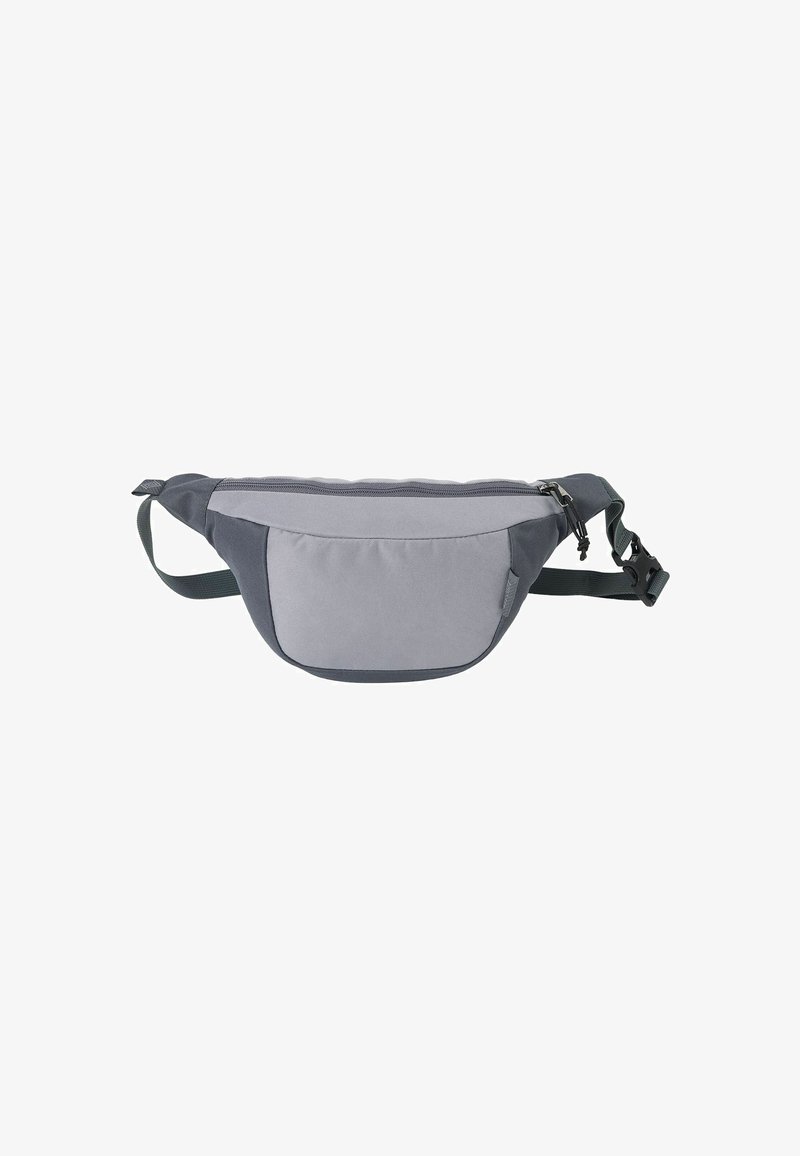 Grau und dunkelgrau Bauchtasche aus strukturiertem Stoff, mit einem Hauptfach mit Reißverschluss und verstellbarem Tragegurt für sicheren Sitz.