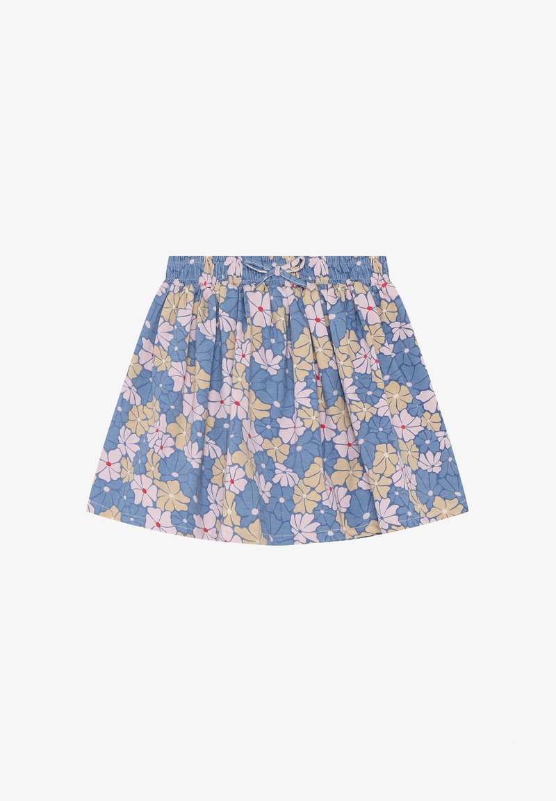 Jupe fleurie en coton, avec un fond bleu orné de fleurs jaunes, roses et rouges. Taille élastique avec un design froncé.