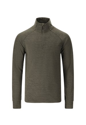 Mørkeoliven grøn langærmet skjorte med halv-zip krave, der har et struktureret stof og raglanærmer for let bevægelse.