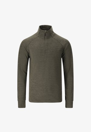 Mørkeoliven grøn langærmet skjorte med halv-zip krave, der har et struktureret stof og raglanærmer for let bevægelse.