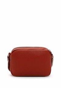 Red leather crossbody bag with a textured finish, rectangular shape, zip closure, and adjustable strap on one side.