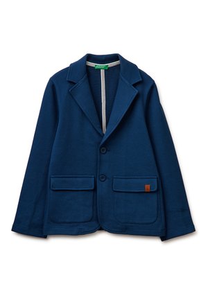 Marineblauwe blazer met twee voorzakken met klep, twee knopen, een notched revers en een gestreepte binnenneklabel.
