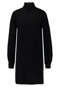 Robe en tricot noir avec un col roulé côtelé haut, des manches longues et un ourlet côtelé, présentant une texture lisse sur l'ensemble.