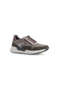 Gray suede sneaker with a textured panel, contrasting black rubber sole, and gray laces. Accents include a decorative zipper on the side.