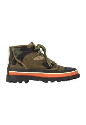 High-top boot with green and brown camouflage fabric, green laces, black sole, and orange and cream stripes around the midsole.