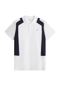 Vit polo skjorta med marinblå detaljer. Har en klassisk krage, korta ärmar och en liten logotyp på bröstet. Tillverkad av slätt tyg.