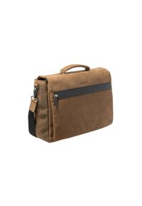 Borsa a tracolla in pelle marrone con patta, tasca frontale con zip e tracolla rimovibile. Texture liscia e design minimalista.