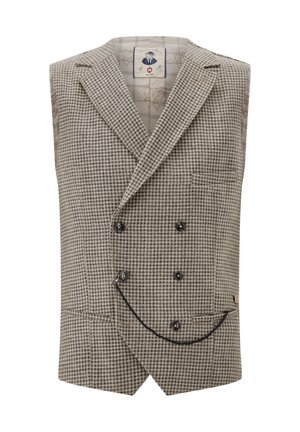 Brown checkered vest with a double-breasted design, featuring black buttons and a pocket. Lined with a patterned fabric in neutral tones.