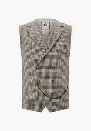 Brown checkered vest with a double-breasted design, featuring black buttons and a pocket. Lined with a patterned fabric in neutral tones.