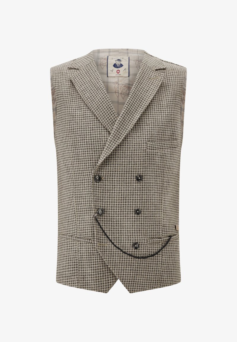 Brown checkered vest with a double-breasted design, featuring black buttons and a pocket. Lined with a patterned fabric in neutral tones.